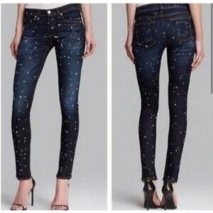 Rag Bone Blue Splatter Straight Leg Mid-rise Stretch Jeans Womens Size 27×29